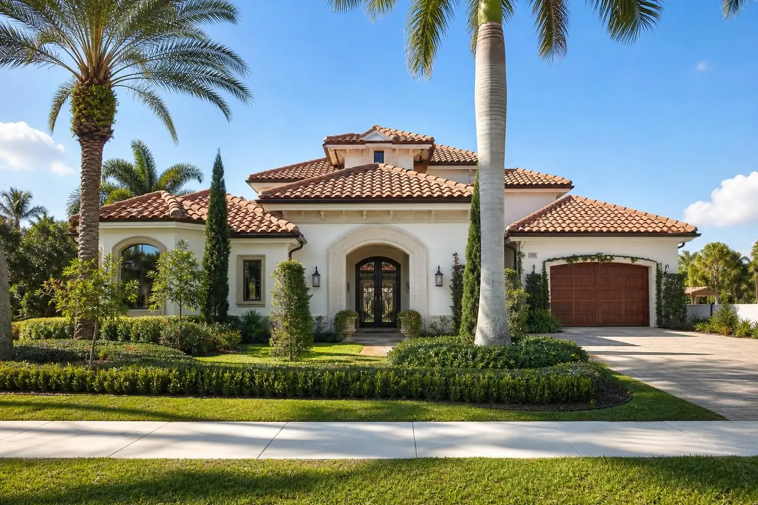 Luxury Boca Raton home front exterior with driveway, front entrance, and palm trees on a bright sunny day